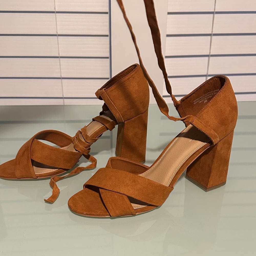 Suede Tan Block Heel Sandals w/ ankle laces